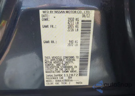 2013 Nissan Altima 2.5 Sl z USA, uszkodzony, nr VIN 1N4AL3AP8DC112872